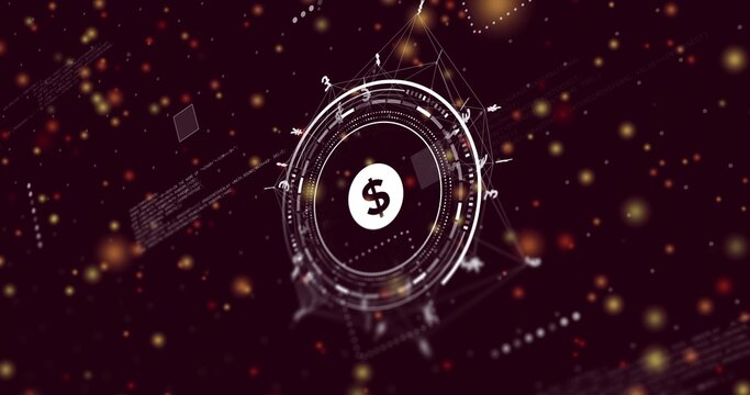 Displaying central HUD interface showing white dollar sign, rings, glowing bokeh in virtual maroon