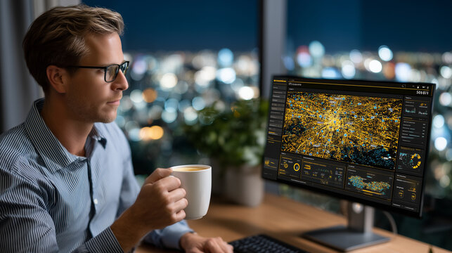 Building management system dashboard displaying real-time occupancy heatmaps across a twenty-floor tower, night shift operator sipping from a ceramic mug, city lights twinkling bey