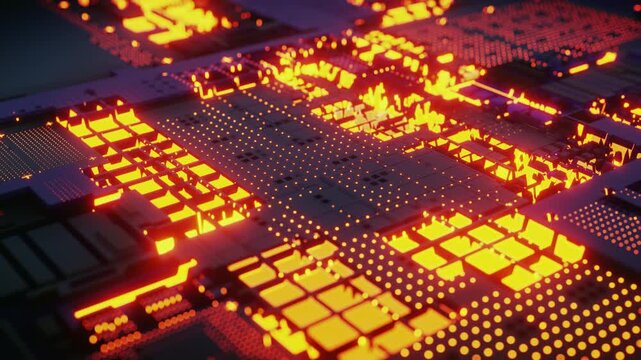 A vibrant animation of a glowing printed circuit board, its components shimmering in fiery orange and yellow hues. The animation conveys a sense of power, overdrive, and the high performance of modern
