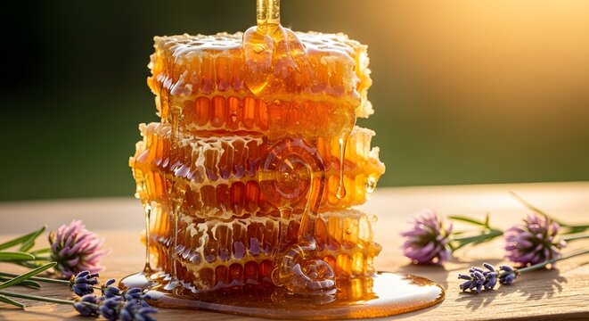 Golden honeycomb stack with dripping honey on wooden table surrounded.