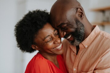 Obraz premium Middle aged couple laughing closely together in cozy home kitchen interior