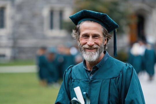 Elderly man wearing doctoral cap and gown at graduation