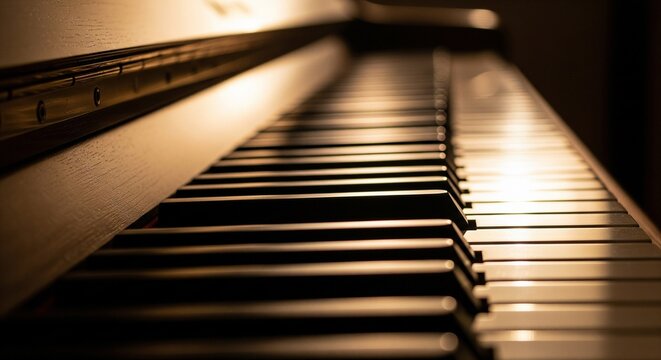 Close-up of a grand piano keyboard with warm lighting, highlighting the detail and texture