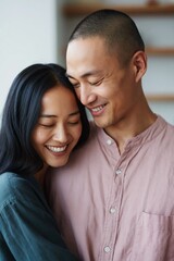 Obraz premium Couple close embracing and smiling in minimalist home interior