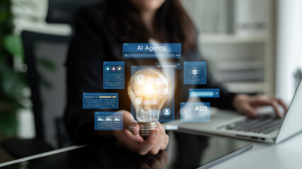 Obraz premium AI agents connect assistant chat, prompts, ads and analytics to automate content creation and marketing workflows. AI agents tasks, AI speeds agentic decisions, and agent improve performance. Corpus