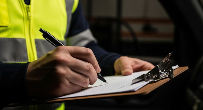 Close-up of a person in a high-visibility vest writing on a clipboard with a pen, detailed view