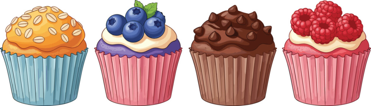 Delicious cupcake dessert collection with blueberry chocolate raspberry and almond toppings in sweet bakery vector illustration
