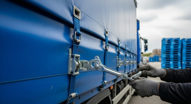 Close-up of a person wearing gloves tightening a strap on a blue truck tarp with a wrench for cargo