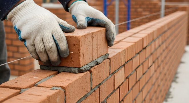Bricklayers skilled hands stack bricks in a straight pattern building a durable exterior wall