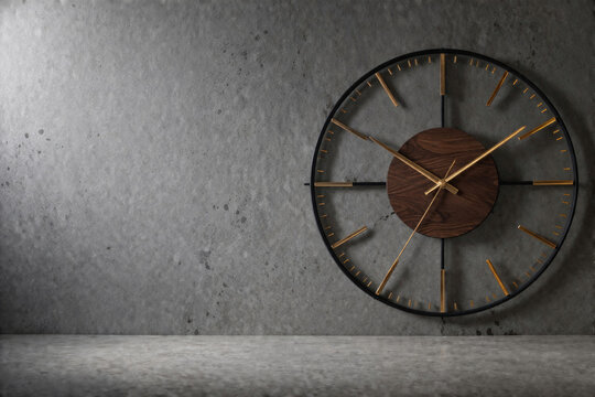 Large wall clock on a concrete wall in the interior. Space for text.