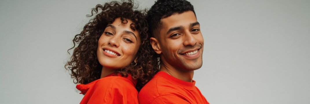 Smiling couple standing back to back against neutral background