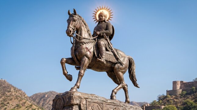 Majestic bronze statue of Maharana Pratap on his horse Chetak with sun halo and Chittorgarh fort background.