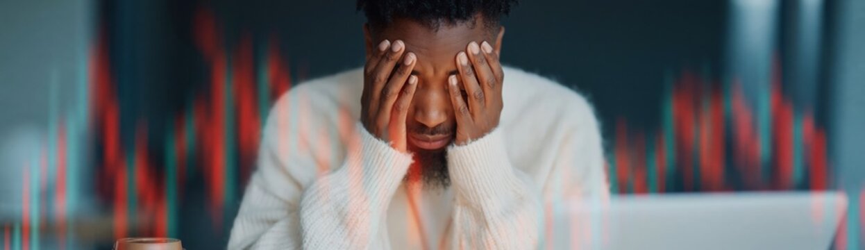 Man covering face in stress at desk with laptop and charts
