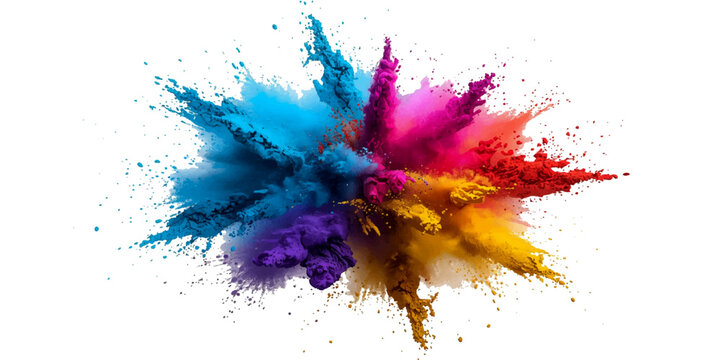 Rainbow Powder Explosion Banner with Bright Colorful Dust Particles and Paint Splashes, Vibrant Holi Style Pigment Burst in Red Orange Yellow Green Blue Purple.