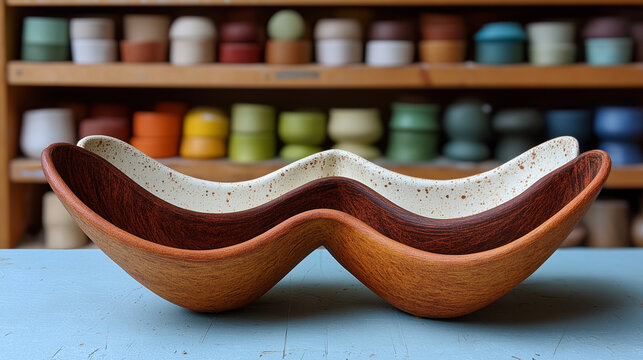 Ceramic artist scores and slips two curved slab-built forms together to create an organic vessel, studio shelves behind holding bisque test tiles in every earth tone, ideal for han