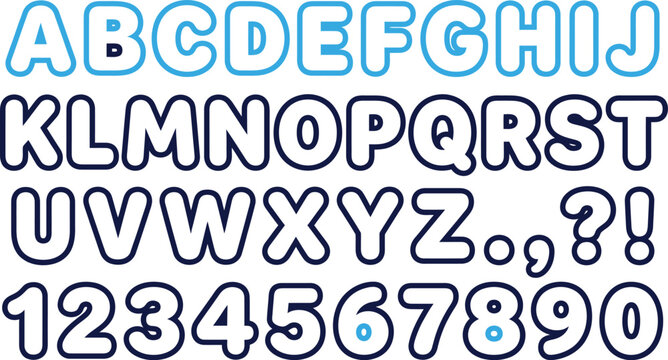 Bold rounded alphabet letters and numbers with blue outline on white background.