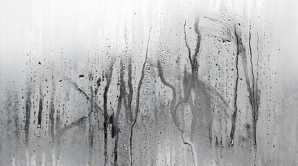 A detailed view of a foggy glass surface with thick, dark condensation streaks and tiny water droplets creating an abstract and moody pattern against a bright, diffused background.