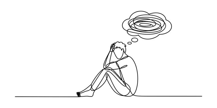 Sad man sitting alone feeling depressed with a messy thought bubble in a continuous single line drawing style Vector, illustration