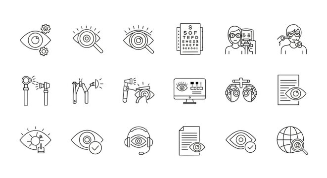 Optometry and ophthalmology icons a comprehensive collection for vision care and eye health
