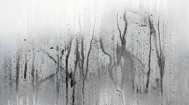 A detailed view of a foggy glass surface with thick, dark condensation streaks and tiny water droplets creating an abstract and moody pattern against a bright, diffused background.