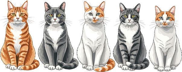 Domestic cat collection set featuring cute sitting tabby and white feline pets in realistic vector illustration © Prodip