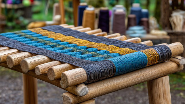 Reed weaving artist interlaces natural rush and dyed wool stripes into a traditional floor mat on a low portable frame in an outdoor spring market stall, ideal for sustainable craf