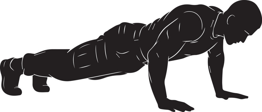 A strong man performs a classic push-up exercise as a black silhouette on a clear white background.