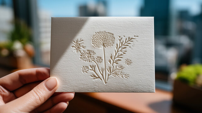 Letterpress studio owner holds a finished embossed wedding invitation card up to the window light, blind deboss pattern of spring botanicals catching shadow beautifully, perfect fo