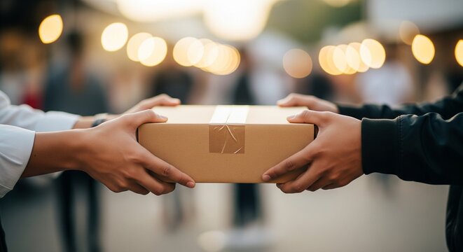 Close-up of Hands Exchanging a Cardboard Package, Symbolizing Delivery, Transfer, and Shipping