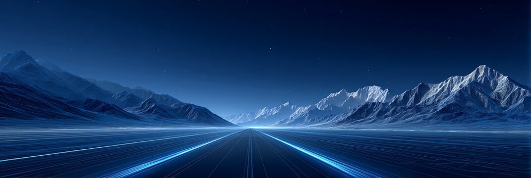 Futuristic digital highway with glowing blue neon lines and wireframe grid stretching through a vast mountain range under a starry night sky in a sci-fi virtual reality landscape