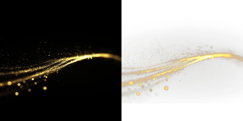 Waves of golden sparkles appear isolated on transparent and black background, in a flowing pattern, creating a striking visual effect across two contrasting colors, light overlay, PNG © tanandaa