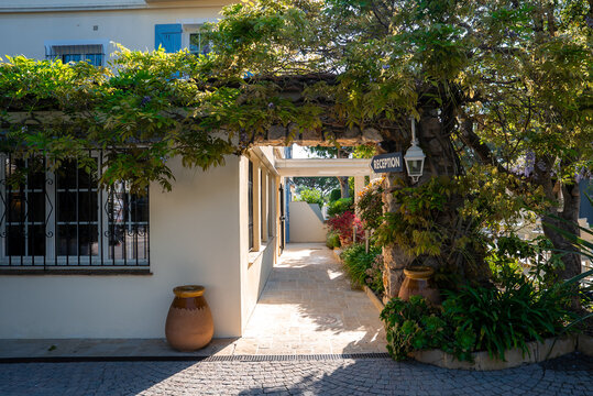 A sunlit garden path leads to a small reception under wisteria at a cream villa with blue shutters in Antibes, France. Terracotta urns and cobblestones frame the scene.