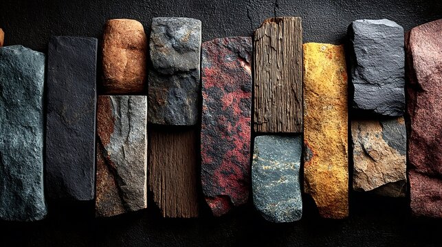 Natural stone and wood textures arranged in a diverse row showing geological variety and organic patterns against a dark background for interior design and architectural material inspiration