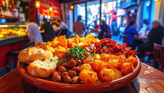 A vibrant platter of assorted Spanish tapas including patatas bravas, shrimp, and olives served in a bustling restaurant setting for social dining.