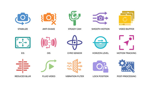 Camera stabilization icons illustrating video and motion features
