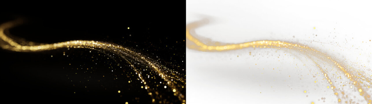 Golden sparkles flowing isolated on transparent and black background, with black and white sections, light overlay, PNG