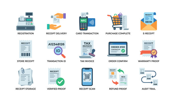 Payment and receipt icons showing transaction concepts on white
