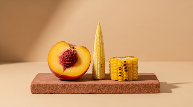 Minimalist culinary background. Fresh peach and grilled corn motifs on a textured stone slab. Premium summer food layout with vast copy space for branding. AI generated.