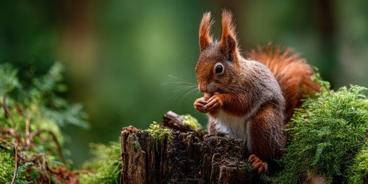 Red Squirrel on a mossy tree stump in a forest