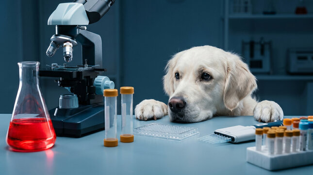 Golden Retriever Resting on a Lab Table Surrounded by Scientific Equipment