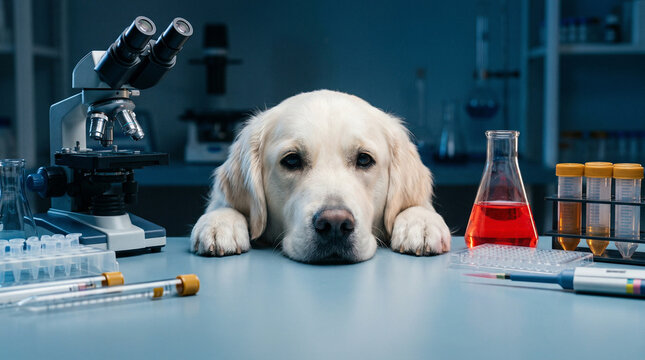 Golden Retriever Resting on a Lab Table Surrounded by Scientific Equipment