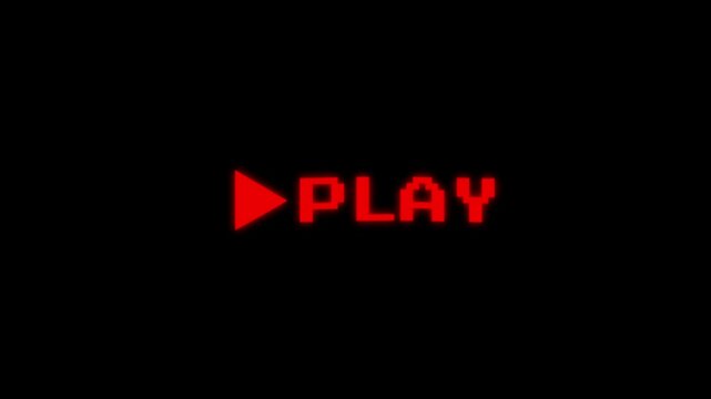 Play Button Animation with VHS Glitch Effect on Black Background Retro Analog Media Play Icon with Distorted Tape Noise for Video UI and Vintage Graphics