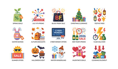 Naklejka premium Seasonal promotional icons showing sale events on white background