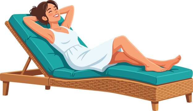 A woman in a white dress relaxes on a turquoise cushioned lounge chair outdoors, with her hands behind her head and a smile on her face.