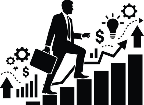 businessman, suit, briefcase, climbing, bar graph, financial symbols, dollar sign, light bulb, gears, arrows, growth chart, business, finance, suc Businessman climbing bar graph with financial symbols