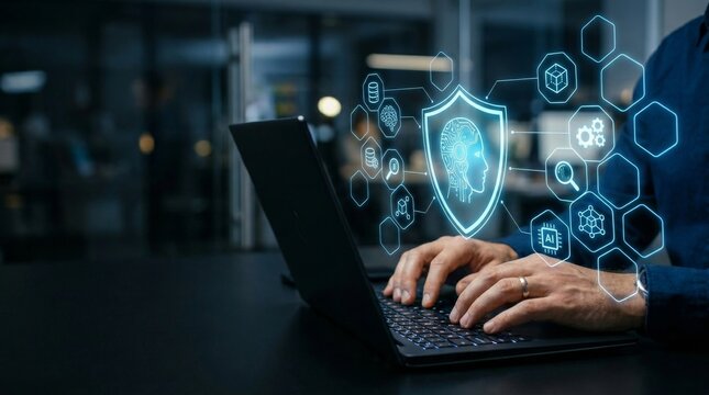 AI security and governance. Data and model protection from adversarial attacks. Businessman using robust AI systems on laptop computer. AI Cybersecurity Concept: Shield Interface and Copy Space