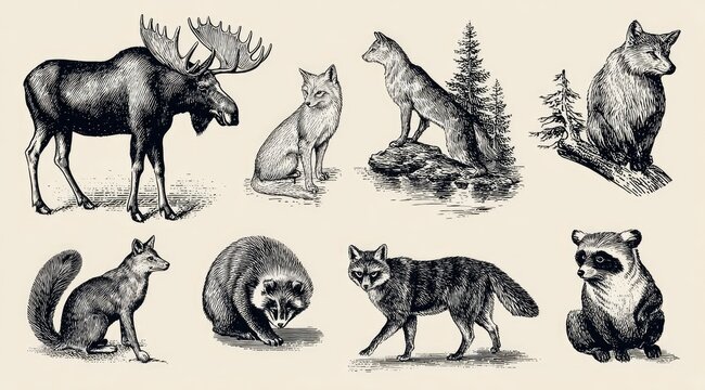 Vintage style black and white illustration of various forest animals
