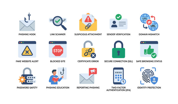 Security icons illustrating phishing threats and protection measures