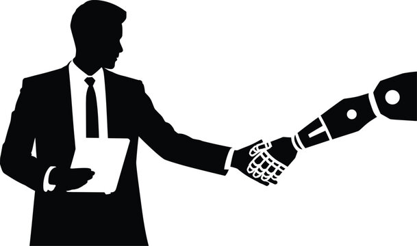 businessman, silhouette, suit, tie, robotic arm, handshake, technology, innovation, business, partnership, collaboration, machine, metal, white b Businessman shaking hands with robotic arm, silhouette