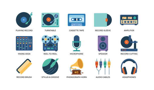 Audio and recording icons displayed in grid on white background